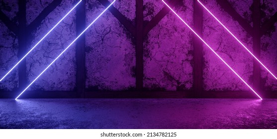 Club Neon Purple Blue Laser Stage Podium Spotlight Glowing Blue Lights On Rough Grunge Wood Barn Stone Concrete Cement Glossy Floor Dark Hangar Tunnel Corridor 3D Rendering Illustration