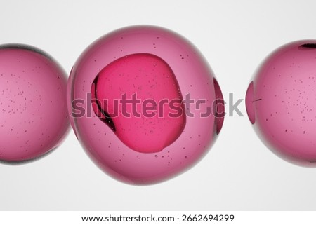 Cluster of pink translucent spheres with visible inner core, isolated on soft background, abstract 3D molecular design for cosmetic, biology, chemistry, healthcare or futuristic scientific concepts