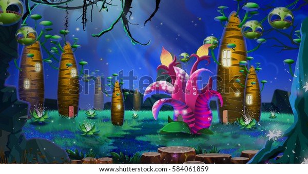 A Cluster of Strange Tree Houses inside the\
Deep Forest. Video Game\'s Digital CG Artwork, Concept Illustration,\
Realistic Cartoon Style\
Background