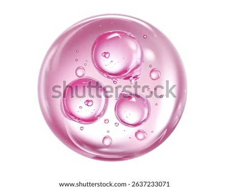 Cluster of transparent pink fluid bubbles with smaller droplets against white background, representing cosmetic serum, molecular structure or scientific concept