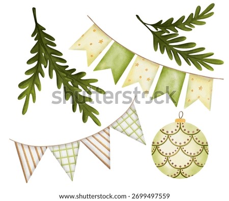 Cluster of watercolor elements: pine sprigs, patterned pennants and ornament — arranged composition for layered design and scrapbooking.