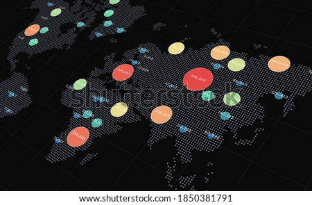 Clusters on world map. Perspective view. Human activity, danger spreading areas. Heatmap of activity. Global data visualization. Big data representation. Hotspots statistics. Disease spreading stats.