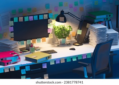 A cluttered desk with scattered papers, notes, and office supplies. Messy work. 3D Illustration