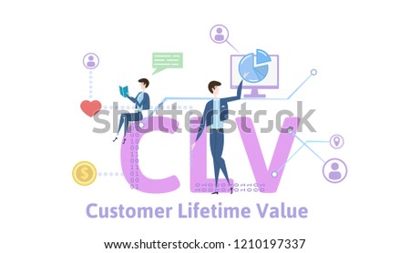 CLV, customer lifetime value. Concept with keywords, letters and icons. Colored flat illustration on white background. Raster version.