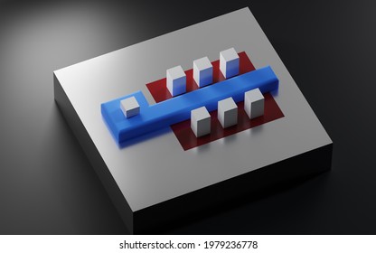 CMOS Field Effect Transistor. Simulation Of Semiconductor Transistor Layout On The Surface Of The Silicon Wafer. 3D Rendering.