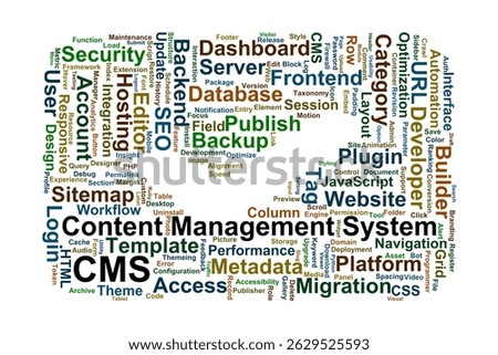 CMS, Content Management System Word Cloud. A powerful overview of key terms used in managing, designing, and optimizing content platforms and systems.