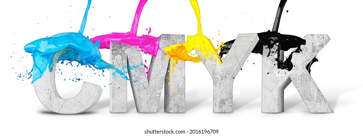 CMYK Cyan Magenta Yellow Key 3D Illustration Color Splash On Beton Stone Letter Logo Symbol Isolated On White Background. 