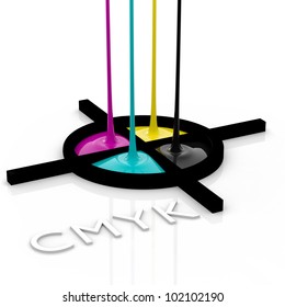 CMYK Liquid Inks Spilling And Registration Marks, 3D Render Image