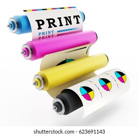 CMYK Printing press with test print. 3D illustration.