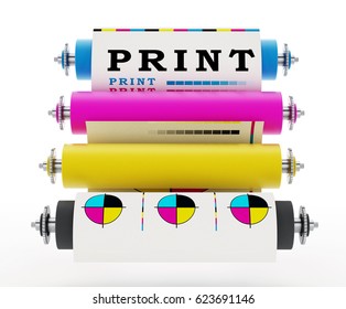 CMYK Printing Press With Test Print. 3D Illustration.