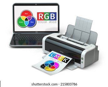 CMYK And RGB Color Models. Laptop And Printer. 3d