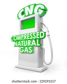 CNG acronym in greed 3d letters on an alternative fuel pump and words Compressed Natural Gas on it to advertise the clean energy or power option