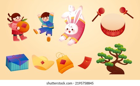 Cny Element. Illustrated Girl, Boy, Rabbit In Traditional Costume, Drum Set, Gift, Gold Ingot, Shopping Bag, Red Envelope, Japanese Pine On Light Beige Background