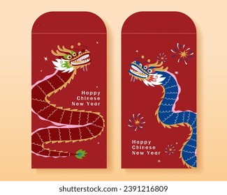 CNY red envelope element set isolated on beige background. With auspicious red and blue dragons.