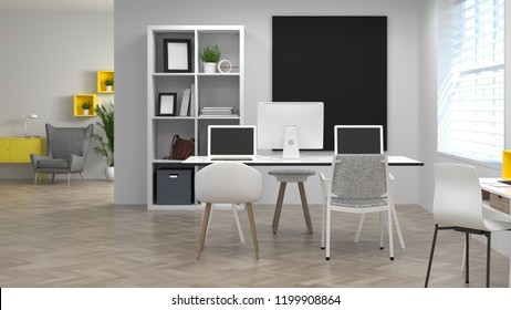 Co Working Environments Interior Decoration Model Home Office Meeting Rooms Have Computers And Notebooks.Online Business 3d Rendering Work At Home