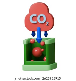 CO2 capture process illustrated with arrows and particles showing carbon capture in green container.