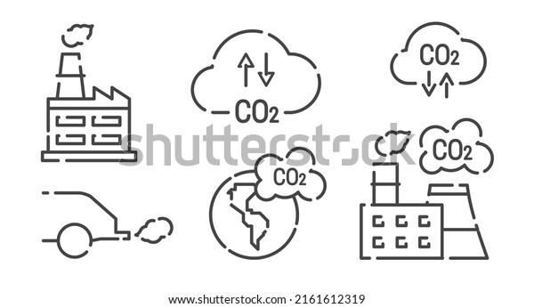CO2, carbon dioxide emissions, line icon set.\
Factory, car exhaust, planet earth, cloud. Flat illustration\
isolated on white\
background.