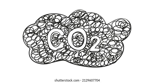 CO2 Dark Cloud Chaotic Hand Drawn Scribble Doodle, Air Pollution, Carbon Dioxide Formula On Sketched Cloud Illustration Isolated On White Background