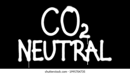 CO2 Neutral Climate, Environment And Ecology Crisis Spray Painted Inscription Isolated. Concept Art. Airbrush Paint Text. Urban Abstract Artwork. Alpha Channel Black And White.