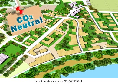 CO2 Neutral In Construction Industry - Carbon Dioxide Mitigation In Building Activity - Concept With An Imaginary City Map
