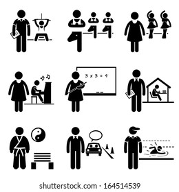 Coach Instructor Trainer Teacher Jobs Occupations Careers - Gym, Yoga, Dancing, Music, School Teacher, Home Tutor, Martial Arts, Driving, Swimming - Stick Figure Pictogram