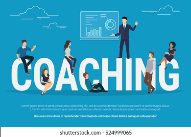 Coaching concept illustration of business people attending the professional training with professional high skilled coach. Flat design of guys and young women sitting on the big letters - Powered by Shutterstock