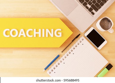 Coaching - linear text arrow concept with notebook, smartphone, pens and coffee mug on desktop - 3d render illustration.