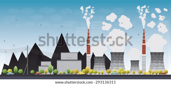 Coal power plant or factory pipes with\
smoke. Illustration with yellow tree and blue\
sky