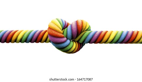 A coarse rope in the colors of the homosexual flag with a knot tied in the middle on an isolated background