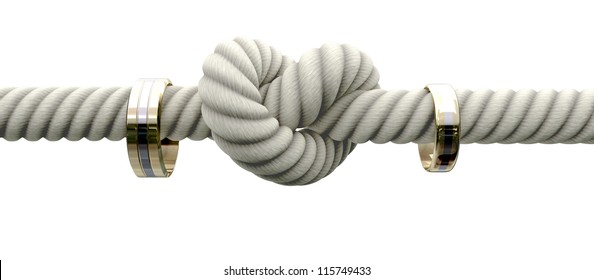 A coarse rope with a knot tied in the middle threaded through two wedding rings attached to either side on an isolated background