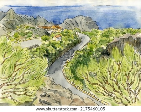 Coast road to the sea. Ocean view from above with road, mountains and houses. Spain landscape. Hand-drawn watercolor illustrations and backgrounds. Watercolor sketch.