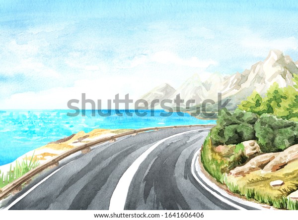 Coast road to\
the sea. Trip concept with copy space. Hand-drawn watercolor\
illustrations and\
backgrounds.