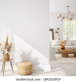 Coastal Boho Living Room Interior Background, Wall Mockup, 3d Render