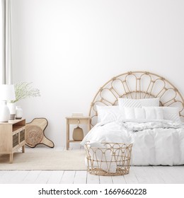 Coastal boho style bedroom interior, wall mockup, 3d render