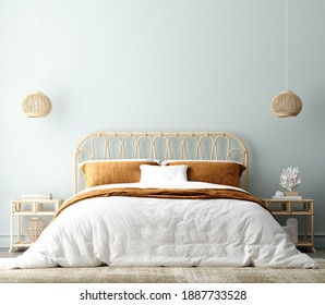 Coastal Boho Style Bedroom Interior Background, Wall Mockup, 3d Render