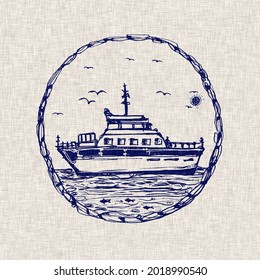 Coastal Cruise Liner Pillow Designs Template. Indigo Blue On Linen Jute Fabric Effect. For Nautical Boat Style Soft Furnishing Cushion Cover. Navy Indigo Blue Farmhouse Square Motif Template.
