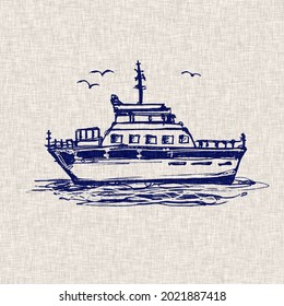 Coastal Cruise Liner Pillow Designs Template. Indigo Blue On Linen Jute Fabric Effect. For Nautical Boat Style Soft Furnishing Cushion Cover. Navy Indigo Blue Farmhouse Square Motif Template.
