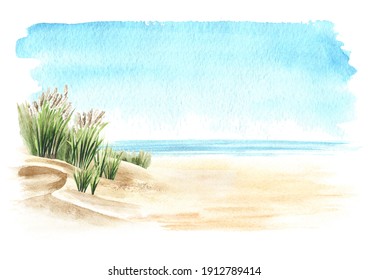 Coastal Dune, Sea Grass, Beach On The Background Of The Sea With Copy Space. Hand Drawn Watercolor Illustration,  Isolated On White Background