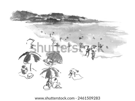 Coastal scenery crowded with ink painting style sea bathers