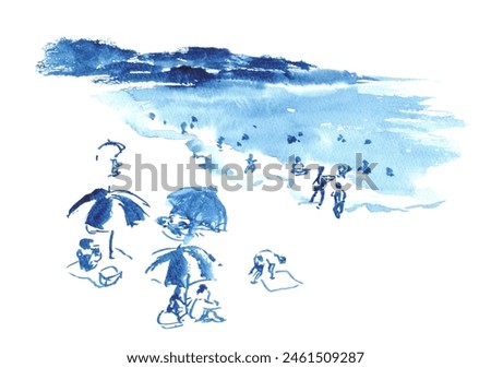 Coastal scenery crowded with ink painting style sea bathers