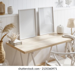 Coastal style living room interior with frame mockup, 3d render