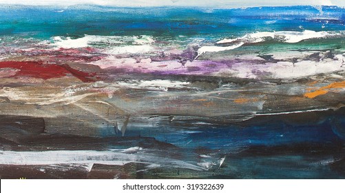 Coastal waves, landscape with the sea. Painting, pictorial art