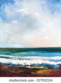 Coastal waves, seascape. Seaside rendezvous. Painting, pictorial art