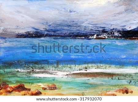 Coastal waves, seascape. Seaside rendezvous. Painting, pictorial art
