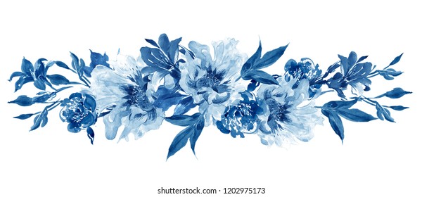 Cobalt Blue Hand Painted Watercolor Illustration Floral Design Arrangement Peony Flower Clipart Scrapbooking