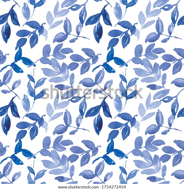 Cobalt Blue Watercolor Hand Painted Leafy Stock Illustration 1754272454 ...