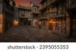 Cobbled street in a medieval fantasy town in evening light. 3D illustration.