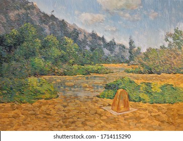 Cobblestone And Mountain View Landscape Painted With Oil And Acrylic Colors. Impressionism Fine Art Painting.