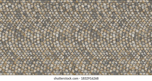 Cobblestone sidewalk pavement with historical arched pattern and kerb stones. 3D rendering repeating seamless texture or background.