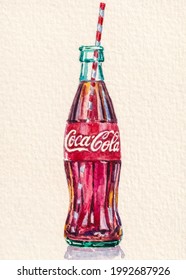 Coca-Cola Or Coke Is A Carbonated Soft Drink Manufactured By The Coca-Cola Company. Classic Glass Bottle And Paper Straw. Sweet Soda Drink. - Miami, Florida. June 17, 2021